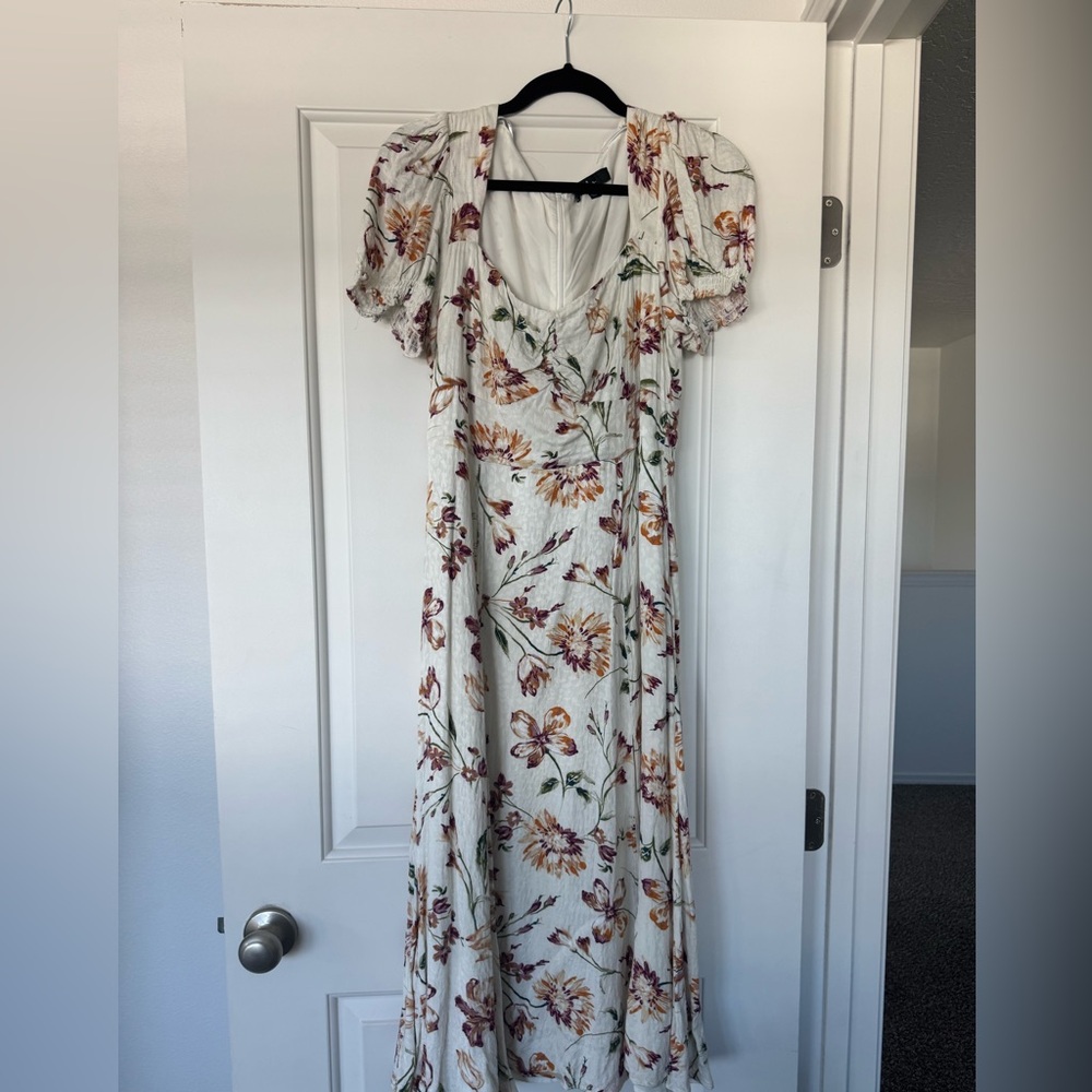 Lulus Parisian Picnic Cream Floral Jacquard Puff Sleeve Midi Dress White